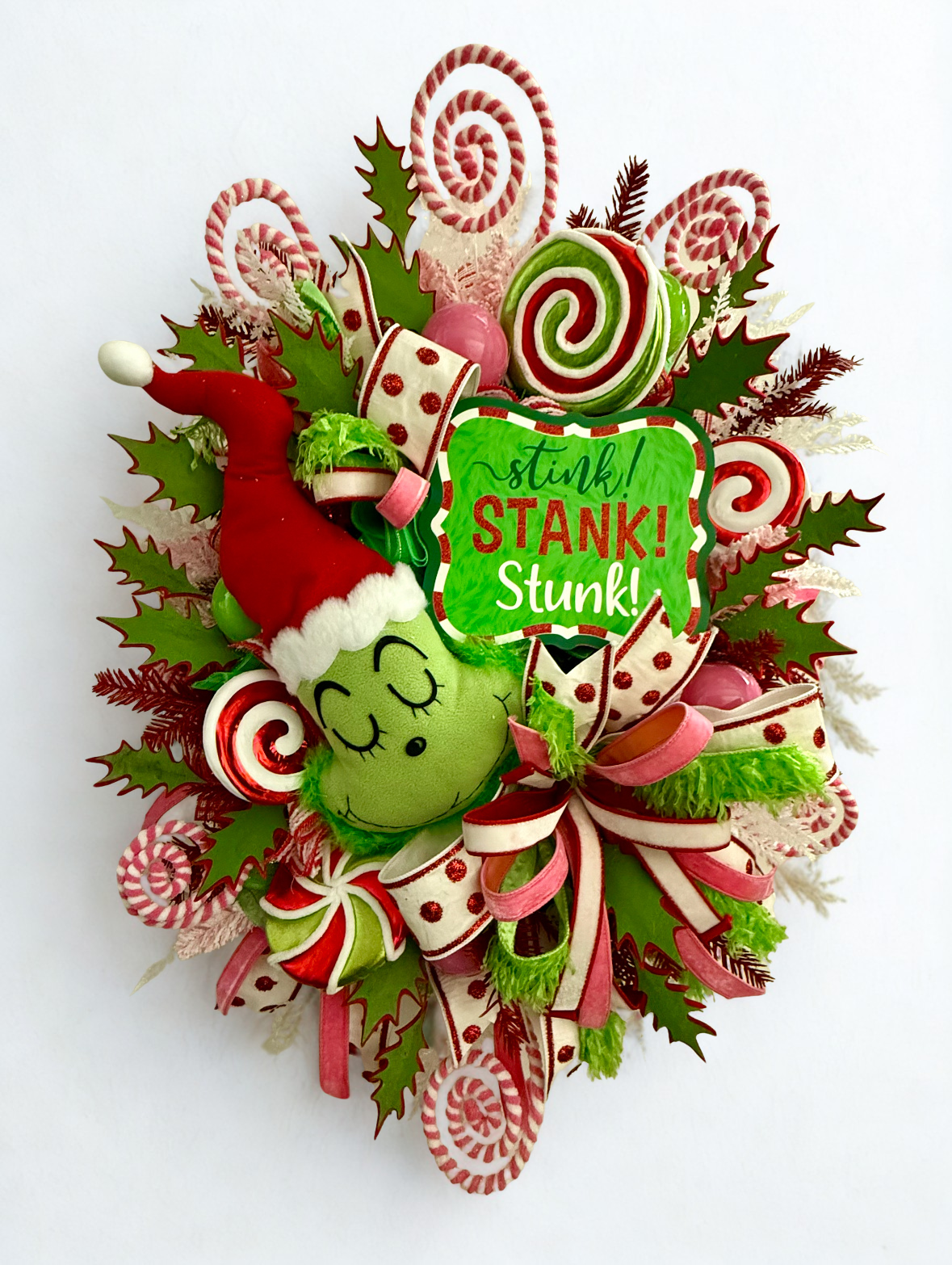 Whimsical Green Monster “Stink! Stank! Stunk!” Christmas Wreath