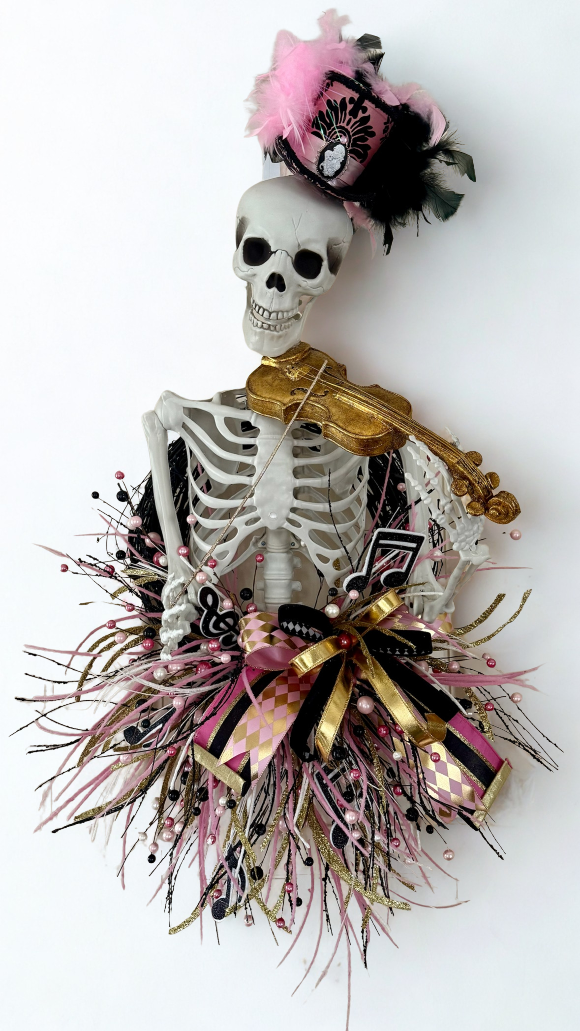 Skeleton Violinist Wreath – Pink & Gold Glam Musical Halloween Decor